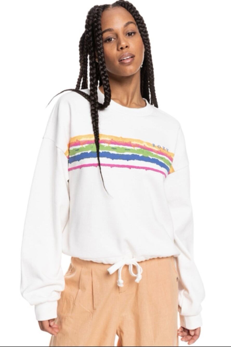 Roxy Cropped Rainbow Striped White Hoodie Stay Salty XL Drawstring Bottom